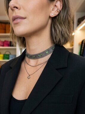Silver Tone Mesh Choker Necklace Green Rhinestone Narrow Collar Band